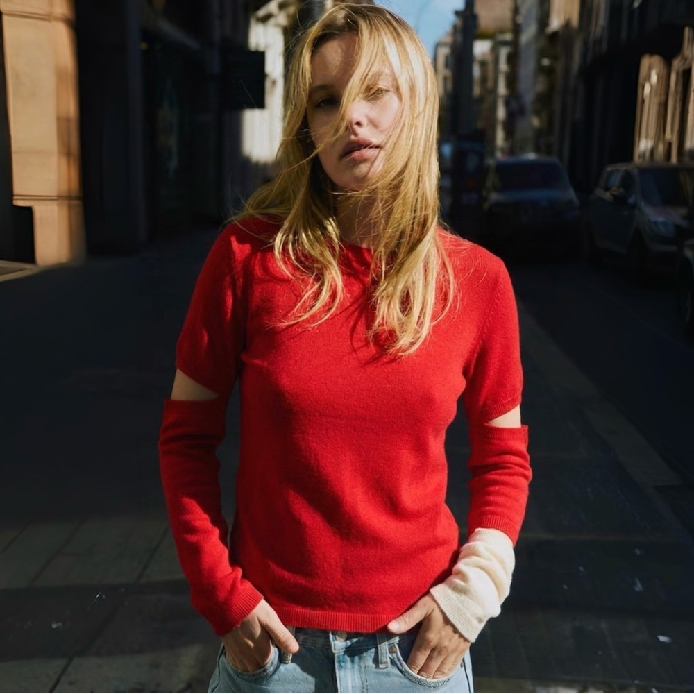 $700 RUDI GERNREICH Slit Sleeve Sweater Sz S Red and Off-White
